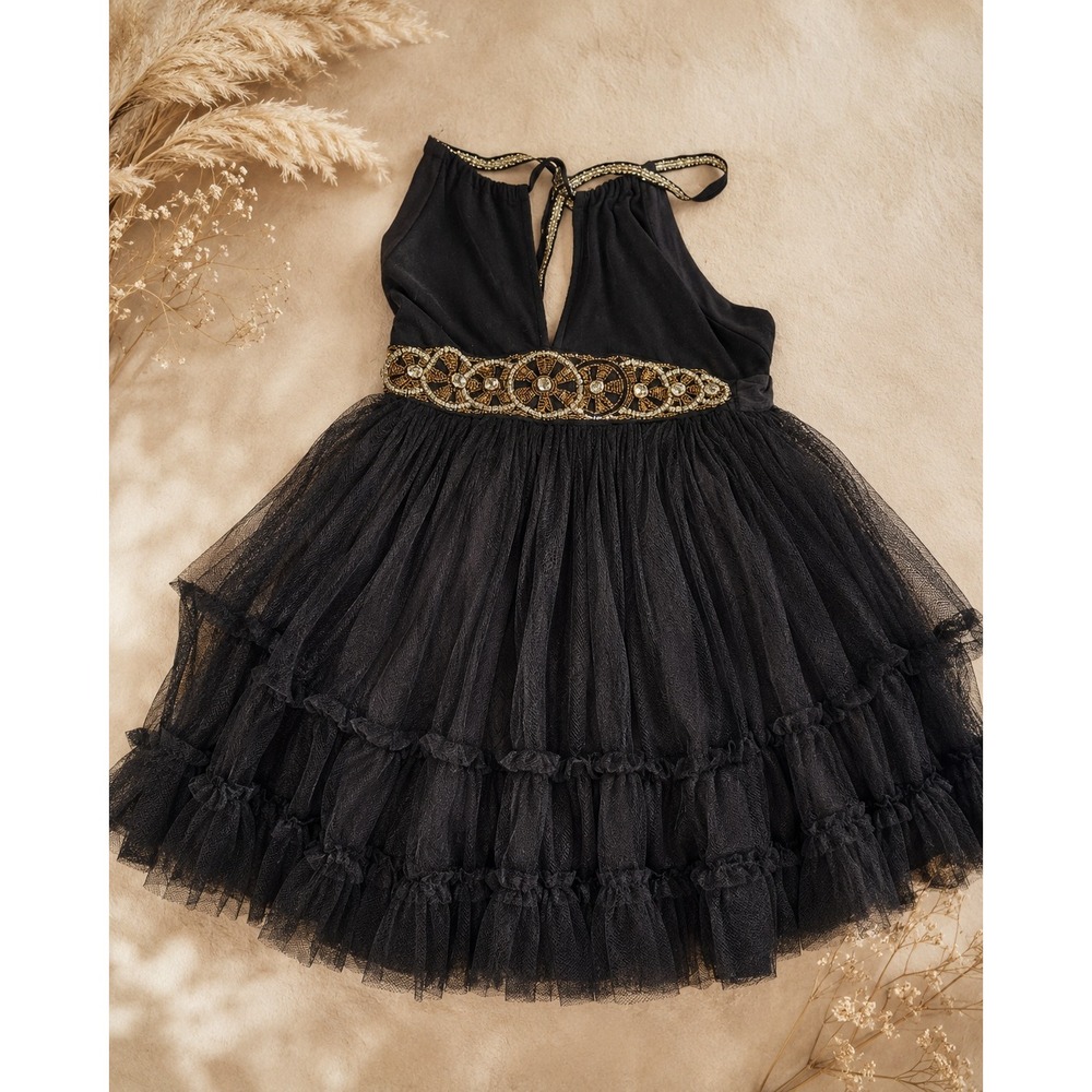 Vintage Free People Black Tulle Beaded Cross Back Party Dress Size 6